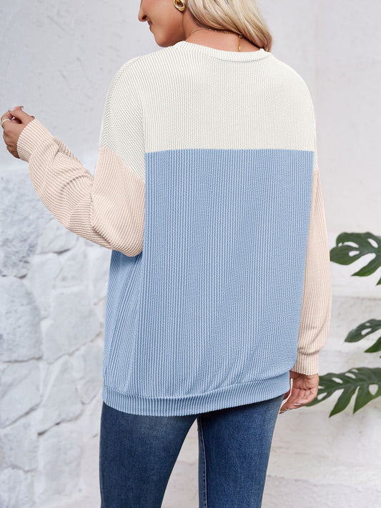 Lovelet Color Block Round Neck Long Sleeve Sweatshirt Shop One Place