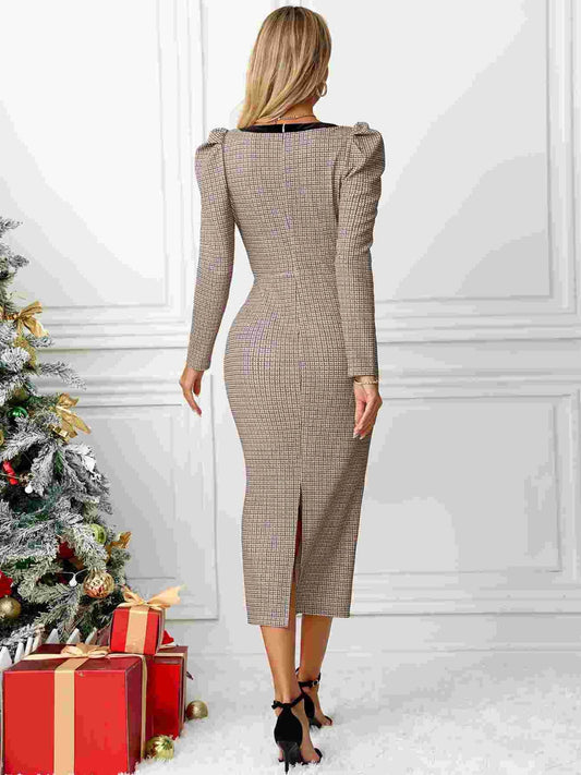 Bow Plaid Square Neck Puff Sleeve Dress Shop One Place
