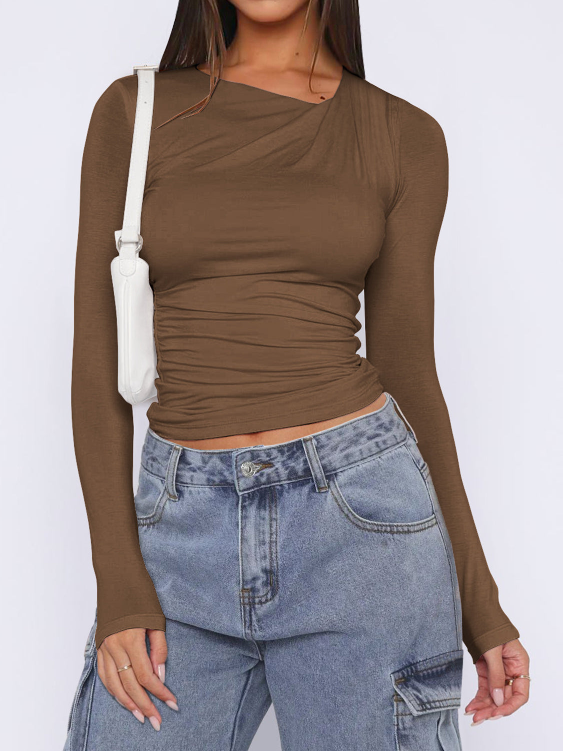 Ruched Asymmetrical Neck Long Sleeve T-Shirt Shop One Place