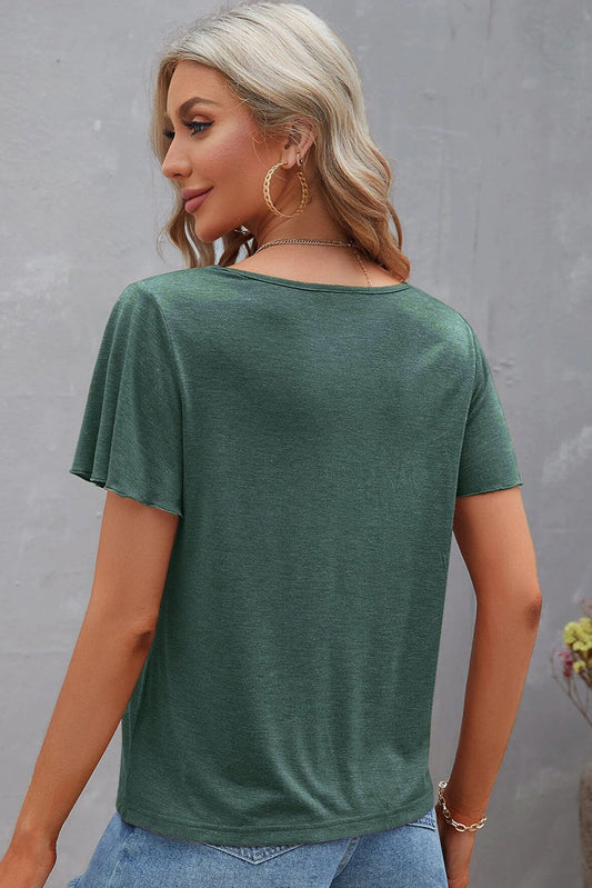 Mist Green Crisscross V Neck Flutter Sleeve T Shirt Shop One Place