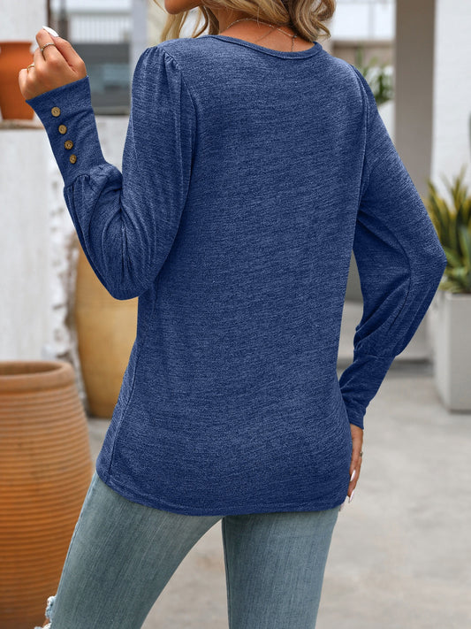 Decorative Button Round Neck Long Sleeve T-Shirt Shop One Place