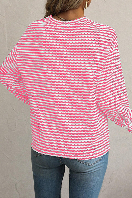 Rose Stripe Round Neck Drop Shoulder Long Sleeve Top Shop One Place