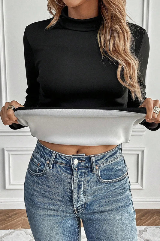 Thermal Lined Mock Neck Long Sleeve Blouse Shop One Place