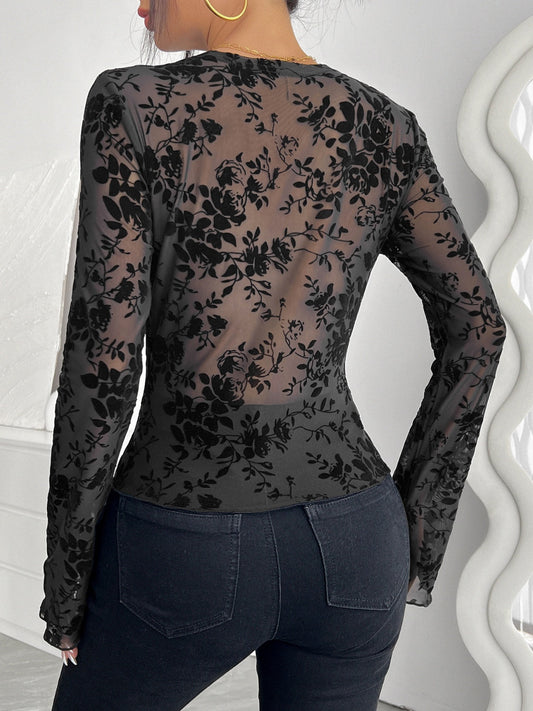 Floral V-Neck Long Sleeve Lace Top Shop One Place