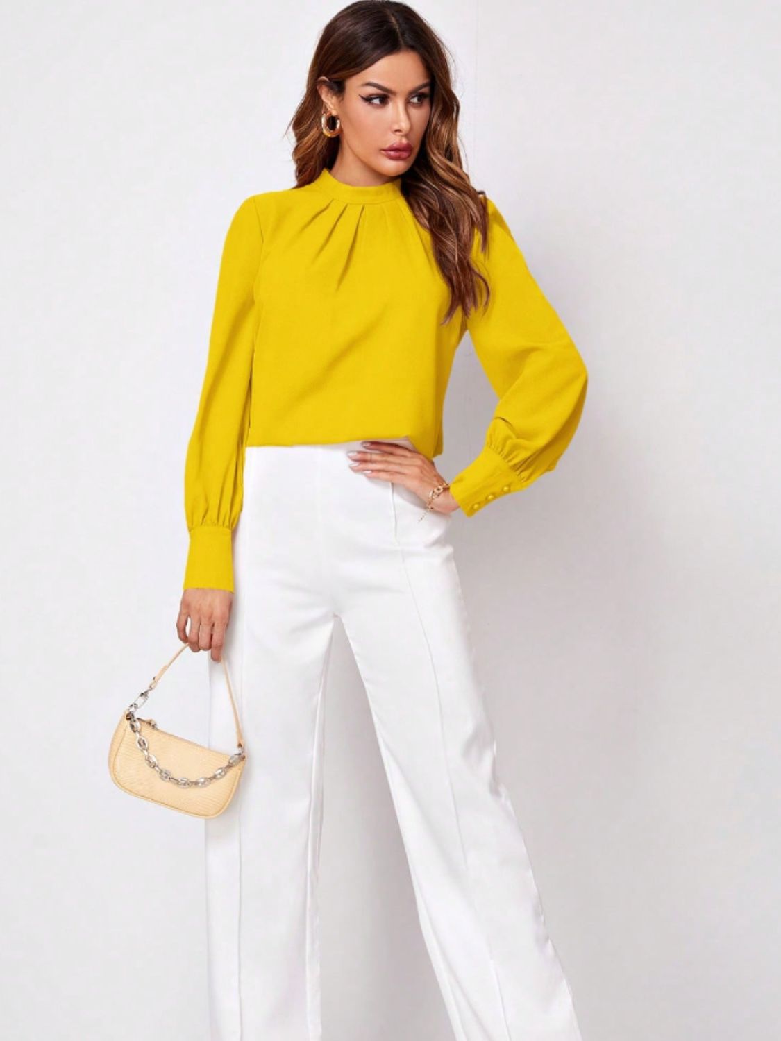 Ruched Mock Neck Long Sleeve Blouse Shop One Place