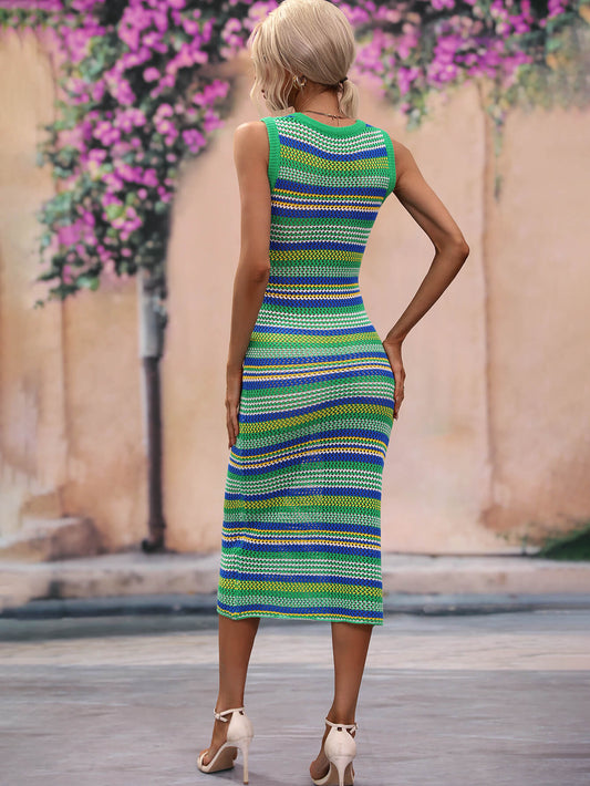 Striped Round Neck Sleeveless Midi Cover Up Dress Shop One Place