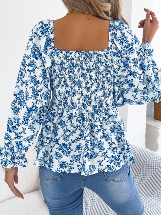Floral Square Neck Flounce Sleeve Blouse Shop One Place