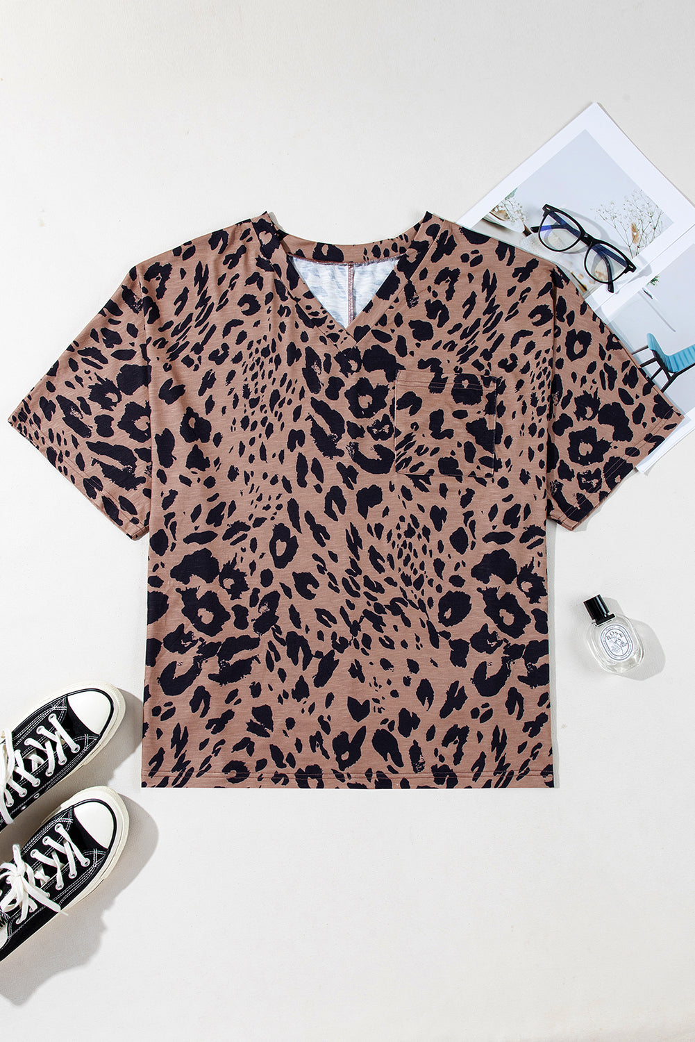 Brown Leopard Print V Neck Half Sleeve Oversized Tee Shop One Place