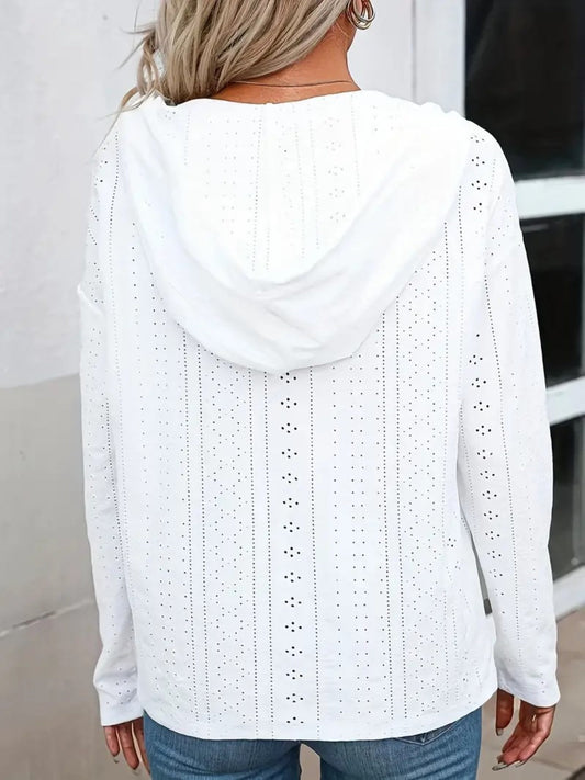 Drawstring Eyelet Long Sleeve Hoodie Shop One Place