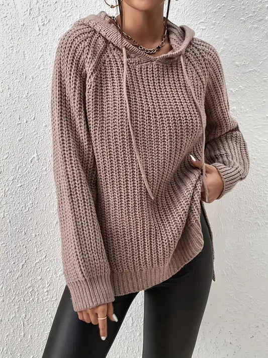 High-Low Side Slit Drawstring Long Sleeve Hooded Sweater Shop One Place
