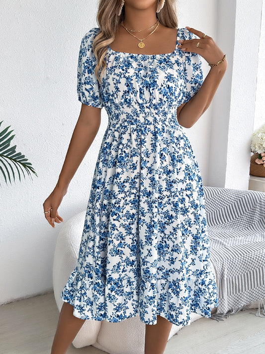 Ruffled Hem Floral Puff Sleeve Dress Shop One Place