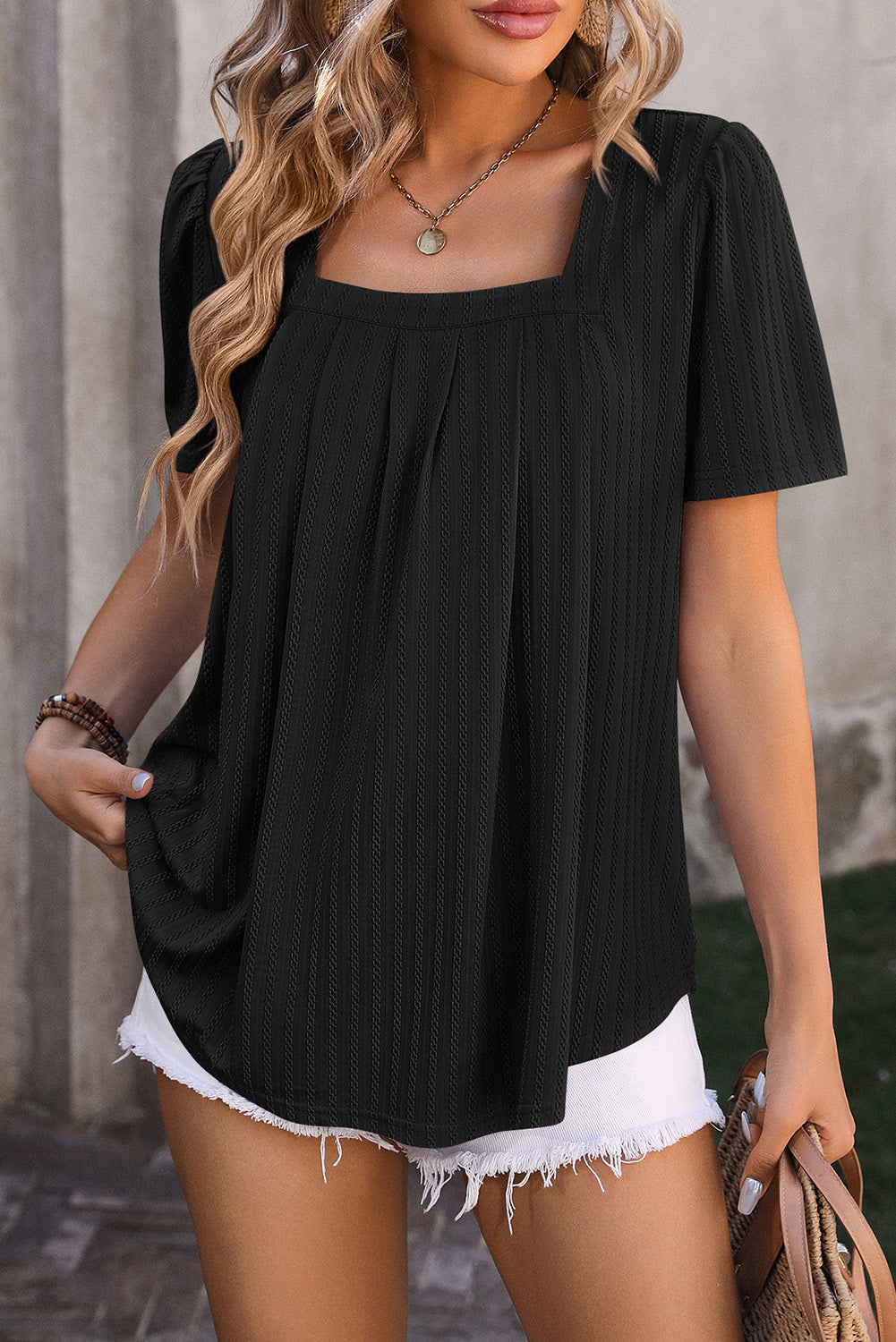 Black Chic Texture Square Neck Short Sleeve Babydoll Blouse