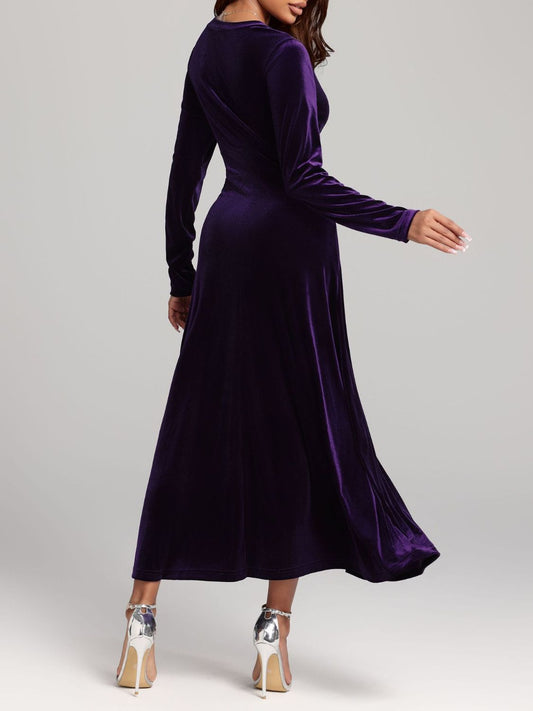 V-Neck Long Sleeve Velvet Dress Shop One Place