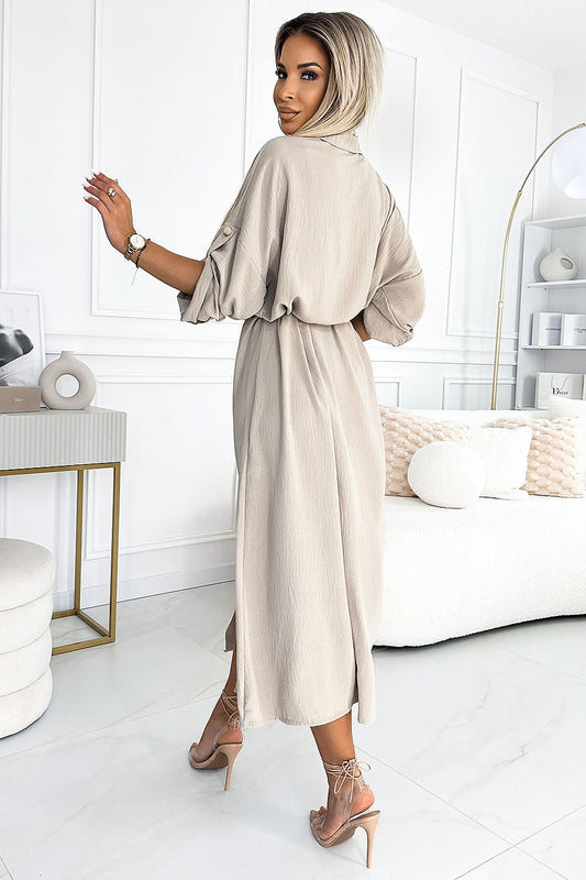 Midi Shirt Dress with Gold Buttons and Tie Shop One Place