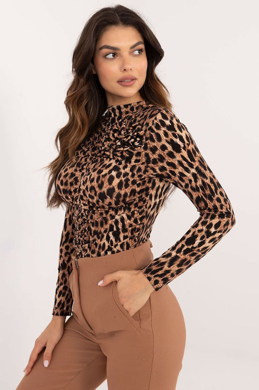 Animal Print Blouse with Decorative Flower Shop One Place