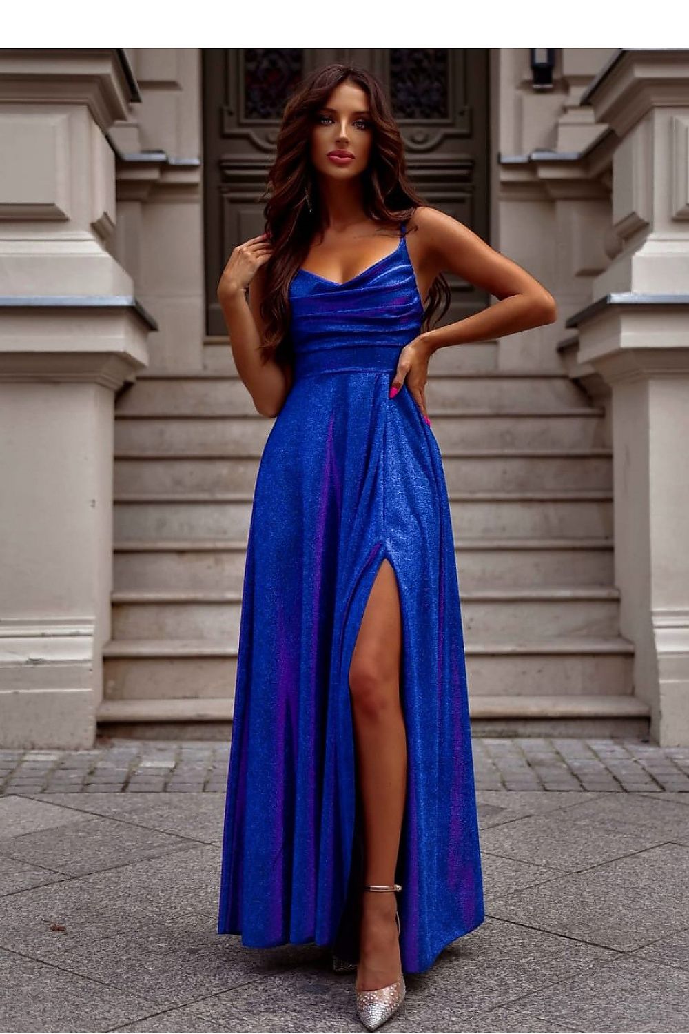 shiny maxi dress Elegant Shiny Maxi Dress with Slit – Formal Evening Long Dress for Women –  Shop One Place