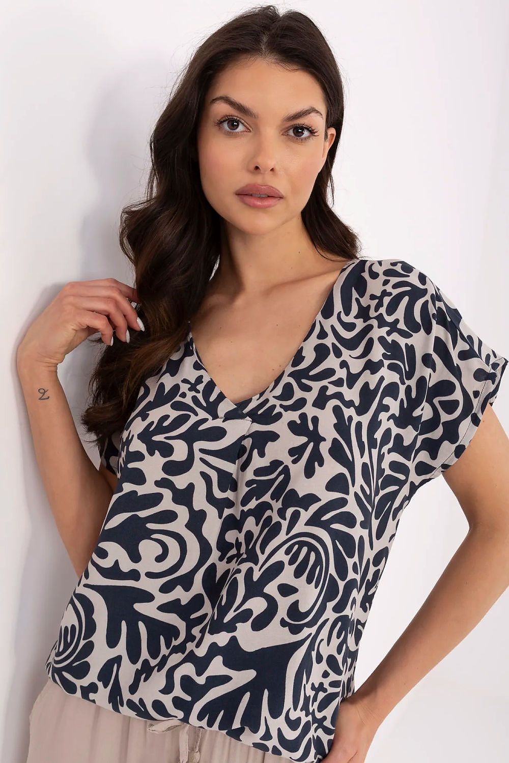 Sublevel Elegant Print V-Neck Blouse - Navy Blue Shop One Place