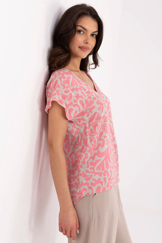 Sublevel Elegant Print V-Neck Blouse - Pink Shop One Place