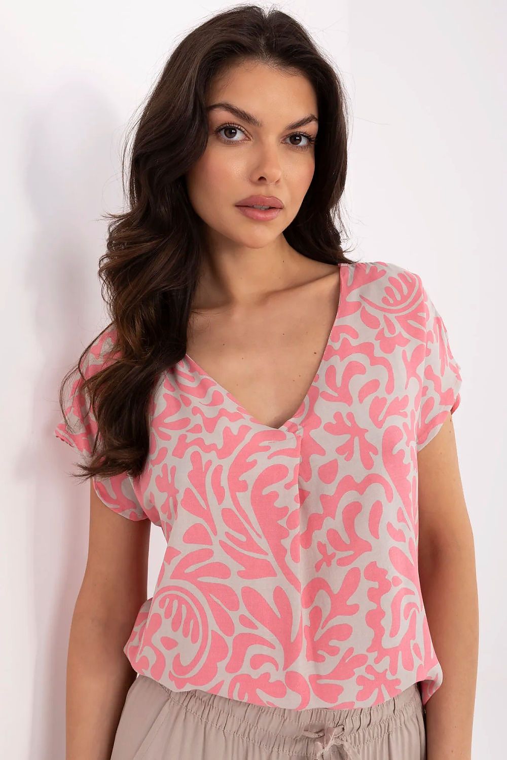 Sublevel Elegant Print V-Neck Blouse - Pink Shop One Place