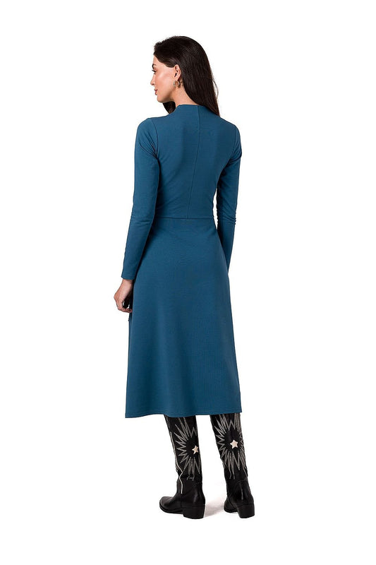 Fitted V-Neck Dress with Wide Pleated Skirt and Patch Pocket Shop One Place