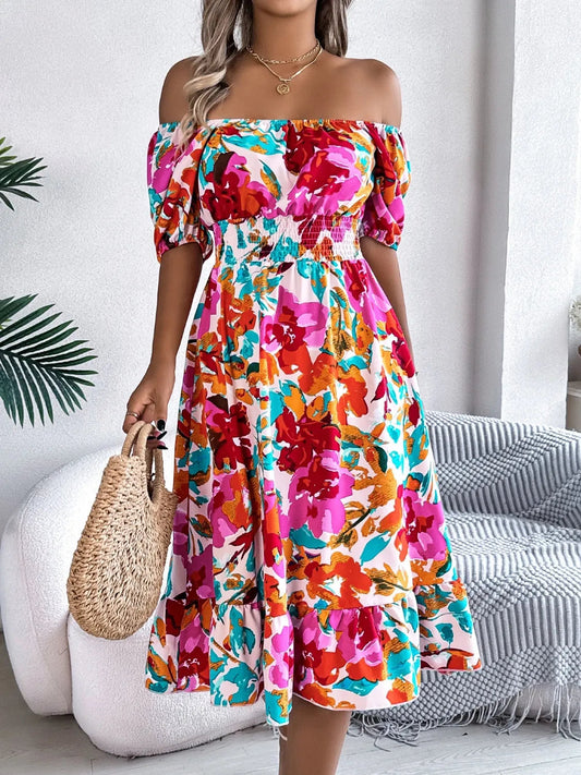 Ruffled Hem Smocked Floral Short Sleeve Midi Dress Shop One Place