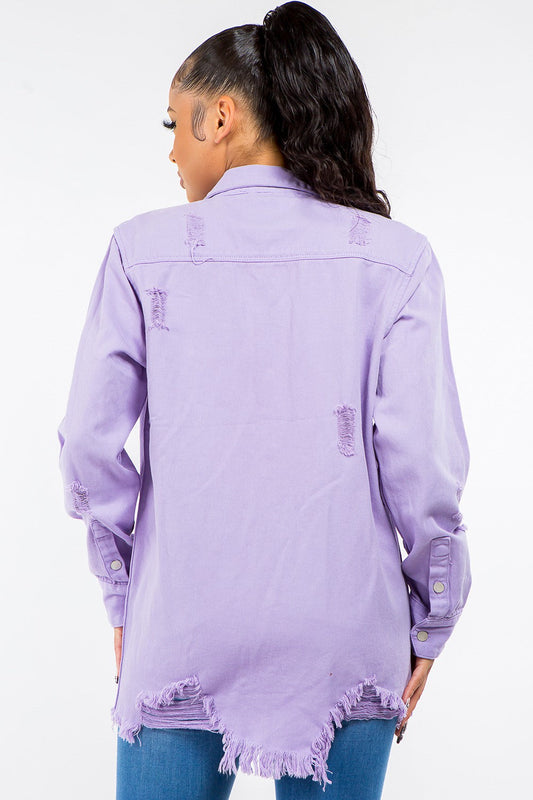 American Bazi Frayed Hem Distressed Lavender Denim Jacket Shop One Place