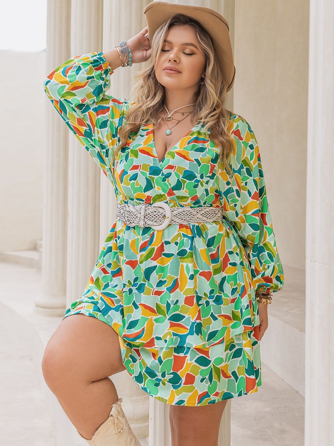Plus Size Printed Surplice Long Sleeve Mini Dress Shop One Place