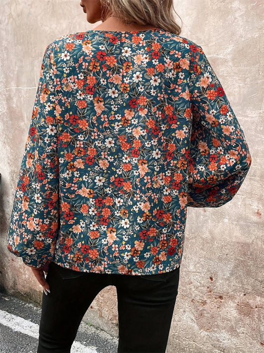 Printed V-Neck Balloon Sleeve Blouse Shop One Place