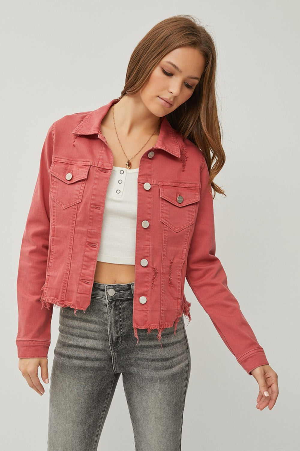 RISEN Raw Hem Button Up Cropped Denim Jacket Shop One Place