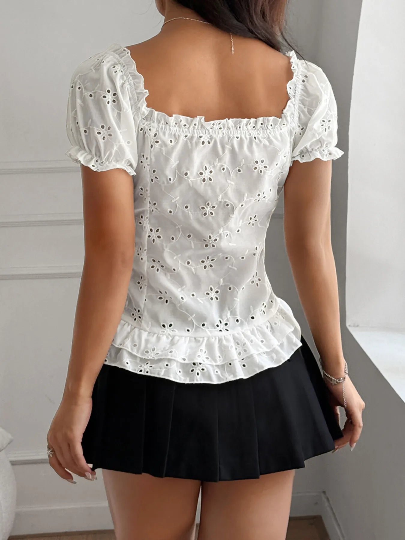Eyelet Lace Short Sleeve Blouse Shop One Place