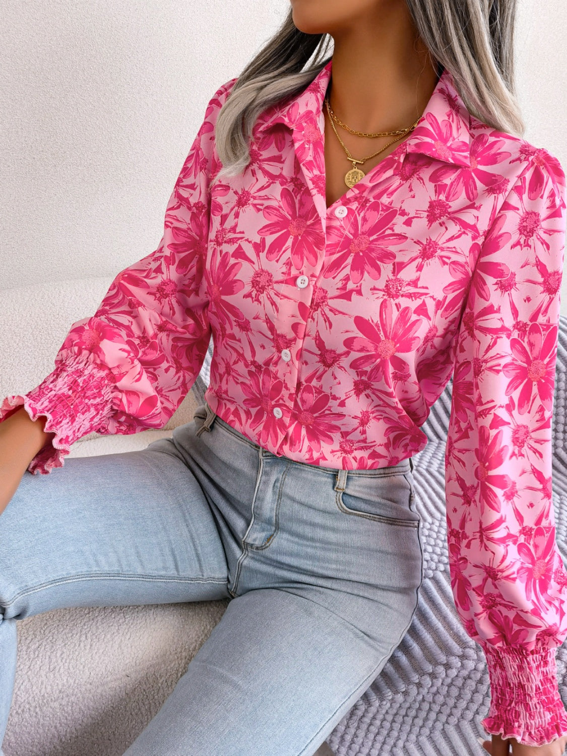 Floral Collared Neck Long Sleeve Shirt Shop One Place