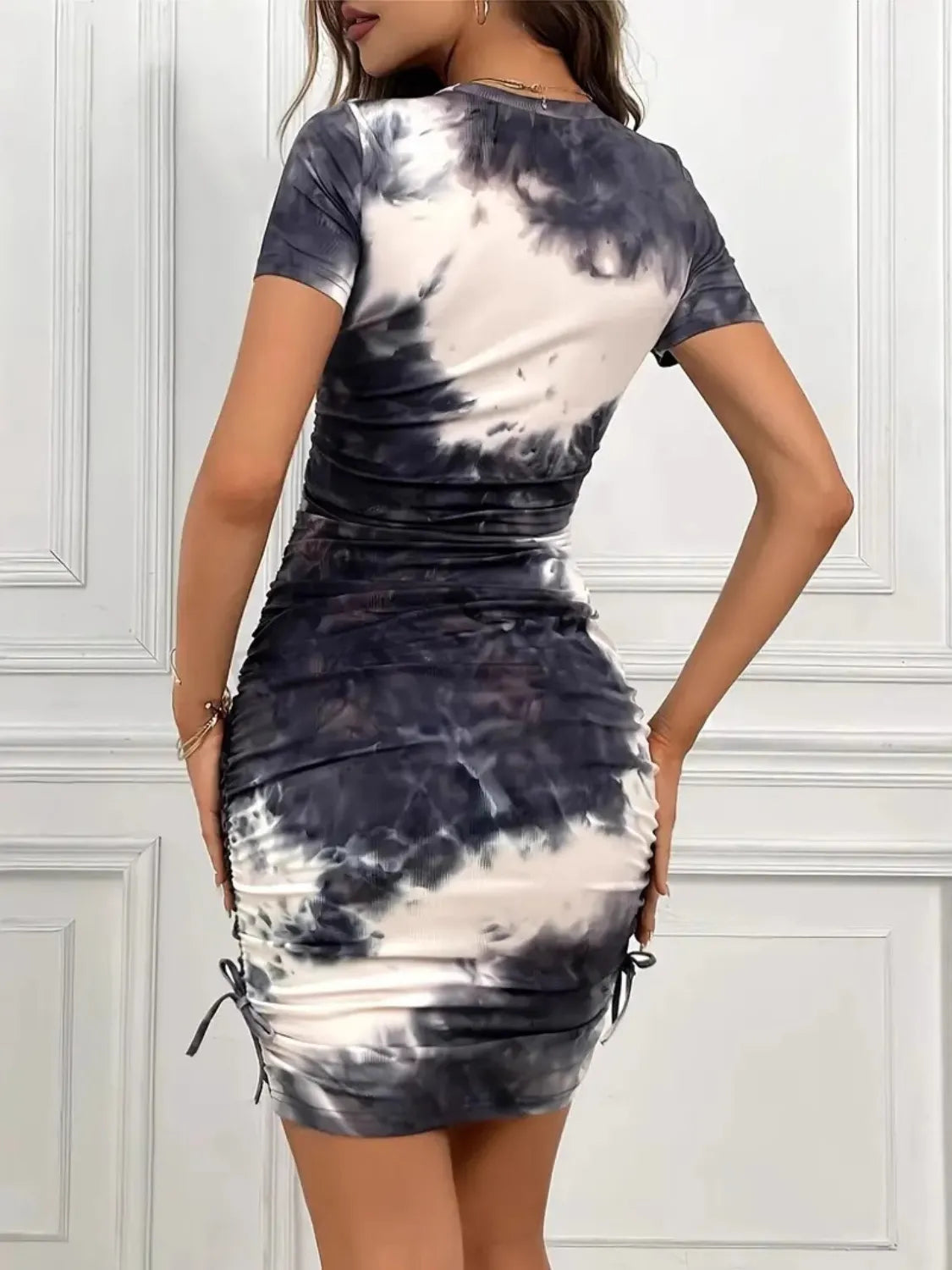Drawstring Tie-Dye Round Neck Short Sleeve Dress Shop One Place
