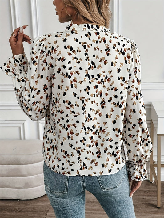 Printed Notched Flounce Sleeve Blouse Shop One Place