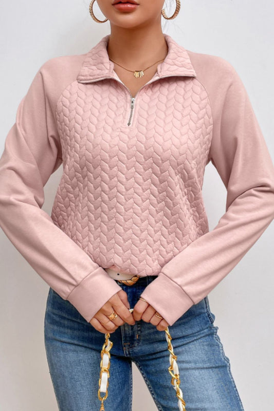 Textured Quarter Zip Long Sleeve Sweatshirt Shop One Place