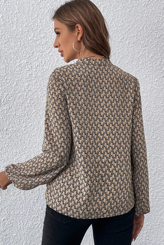 Khaki Geometric Print Notched Neck Long Sleeve Blouse Shop One Place