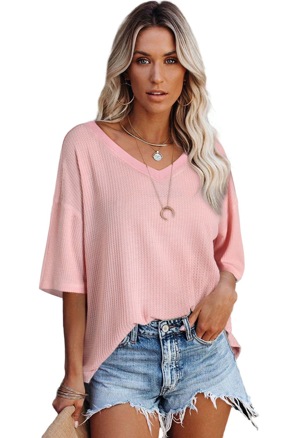 Black Waffle Texture V Neck Drop Shoulder Loose Tee Shop One Place