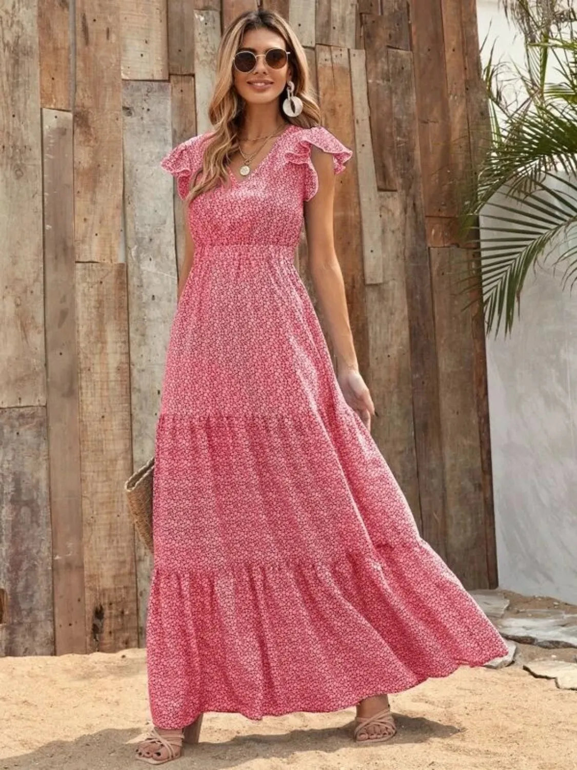 Printed V-Neck Ruffled Cap Sleeve Maxi Dress Shop One Place