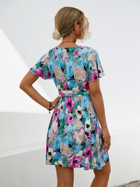 Printed Surplice Tie Waist Mini Dress Shop One Place
