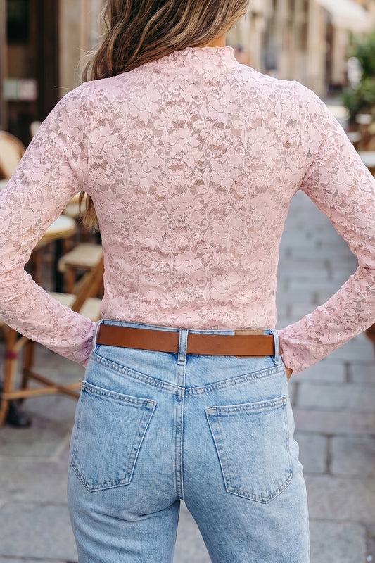 Floral Lace Long Sleeve Top – Women’s Stand Neck Scalloped Cuff Pullover Shop One Place