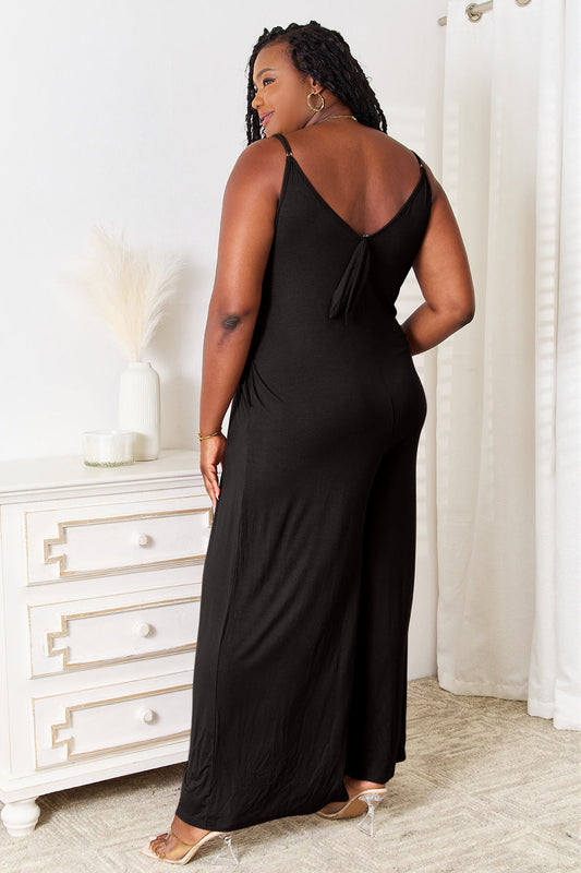 Double Take Full Size Soft Rayon Spaghetti Strap Tied Wide Leg Jumpsuit Shop One Place