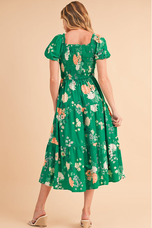 Green Floral Print Bubble Sleeve Smocked Tiered Midi Dress Shop One Place