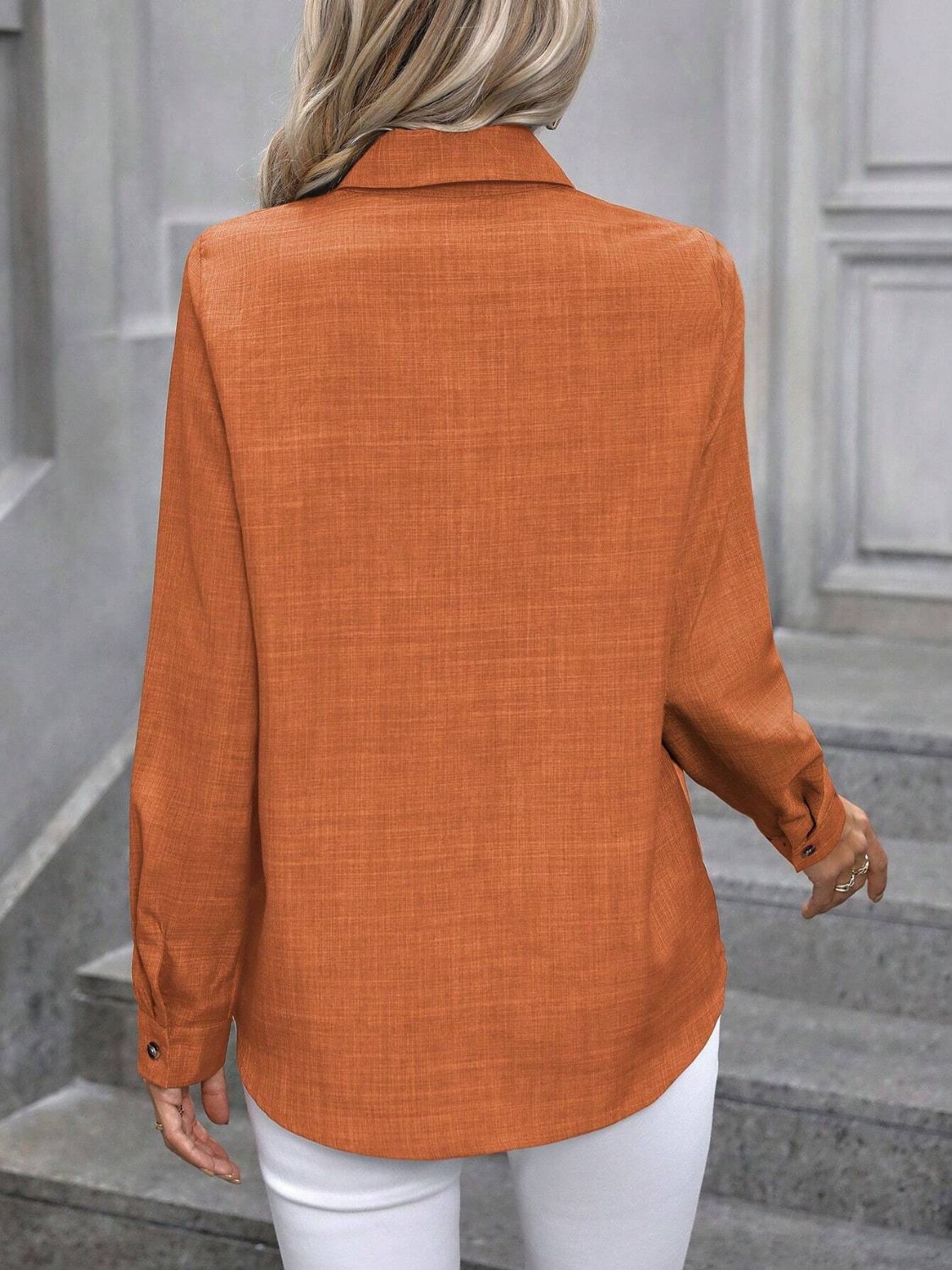Button Up Collared Neck Long Sleeve Shirt Shop One Place