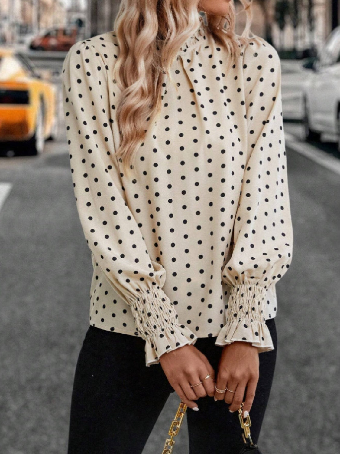 Polka Dot Mock Neck Long Sleeve Blouse Shop One Place
