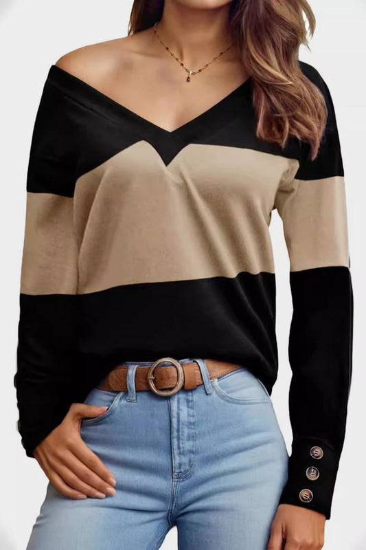Decorative Button Contrast V-Neck Long Sleeve T-Shirt Shop One Place