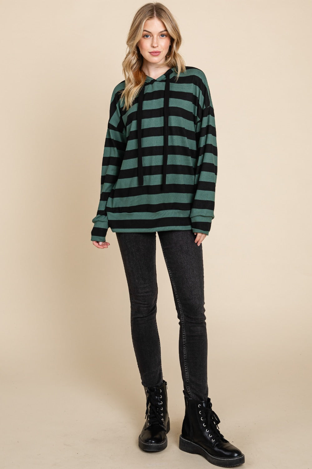 BOMBOM Drawstring Striped Dropped Shoulder Hoodie Shop One Place
