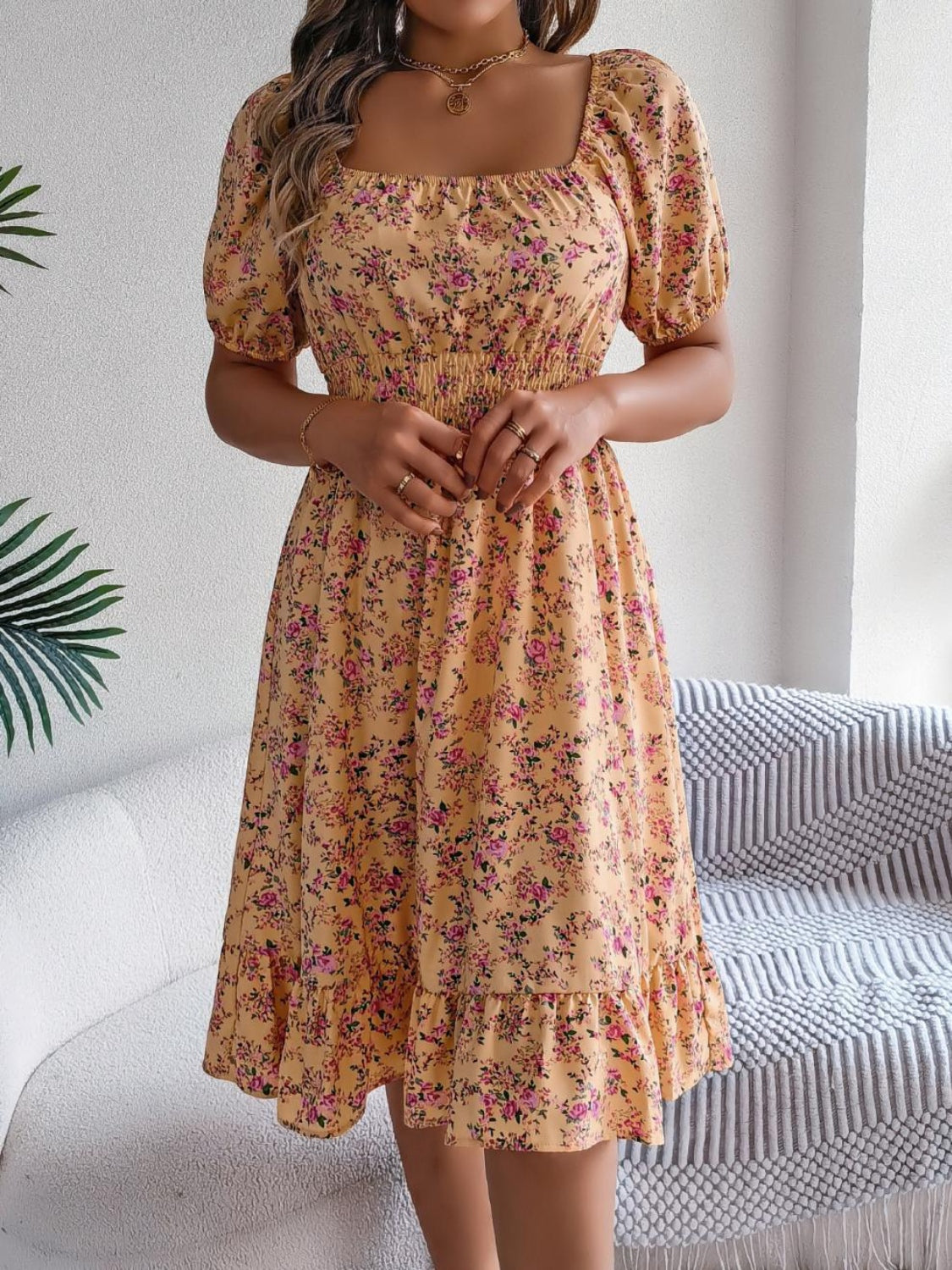 Ruffled Hem Floral Puff Sleeve Dress Shop One Place