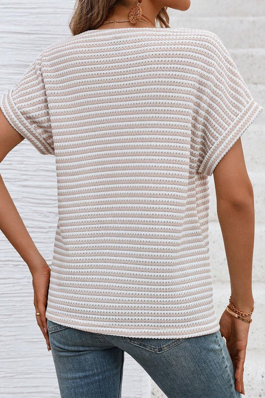 Stripe Buttoned Front V Neck T Shirt Shop One Place