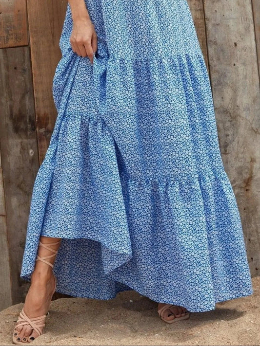 Printed V-Neck Ruffled Cap Sleeve Maxi Dress Shop One Place
