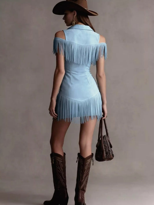 Fringed Cold Shoulder Mini Dress Shop One Place