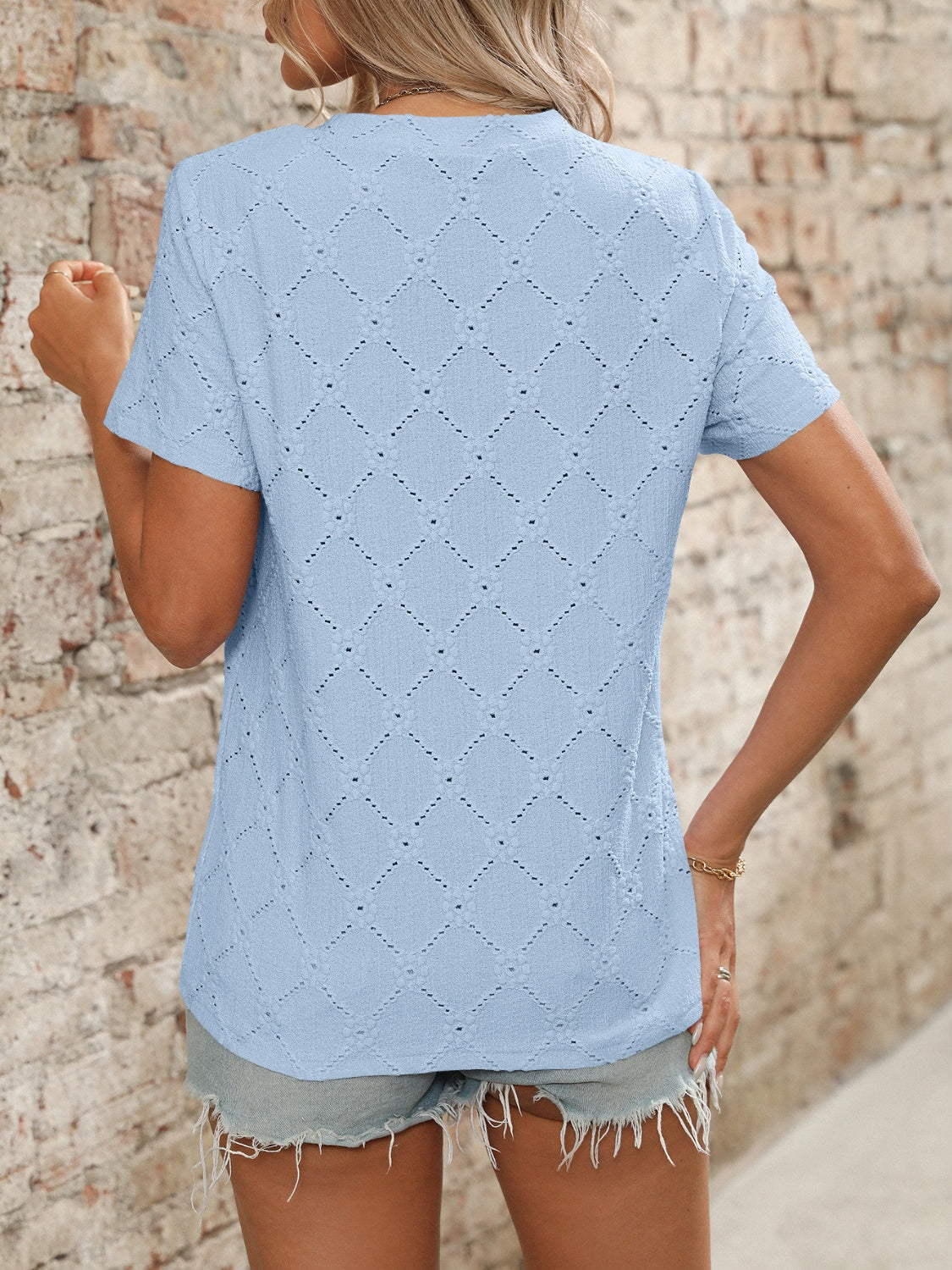 Eyelet Round Neck Short Sleeve Top Shop One Place